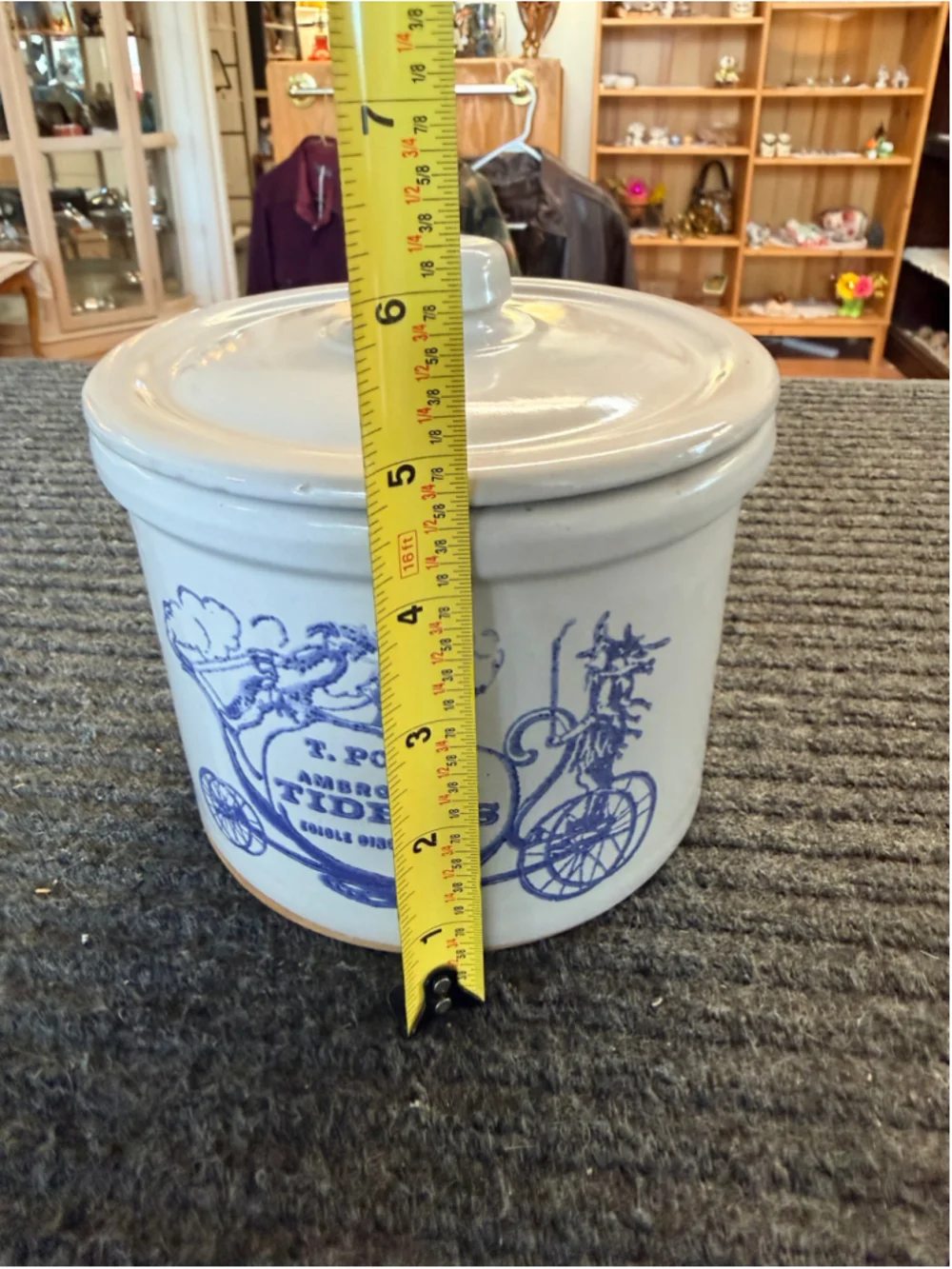Antique T Pott Ambrosial Tidbits Stoneware Crock Lid Blue Advertising
